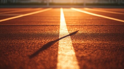 A running track's relay baton exchange zone with a focus on the markings and baton, outdoor setting with morning light, Energetic style