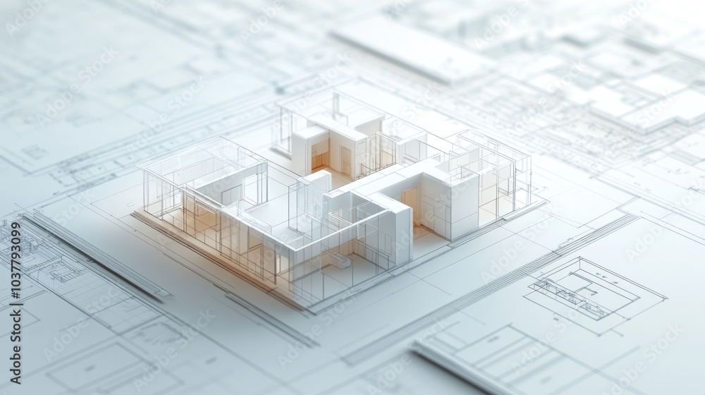 Poster 3d architectural model on a blueprint background for design analysis.