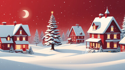 Fototapeta premium Enchanting Holiday Scene with Christmas Tree and Snow-Covered Homes