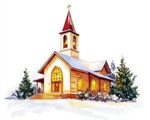 A picturesque wooden church surrounded by snow-covered trees, capturing the serenity of winter and holiday spirit.