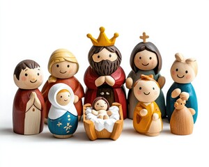 Beautiful wooden nativity scene figures, depicting the birth of Jesus with family and animals, perfect for festive decorations.