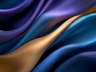 A stunning close-up of vibrant silky fabric waves in deep blue, purple, and gold tones, showcasing texture and rich color blend.