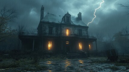 A haunted mansion illuminated by eerie lights during a storm.