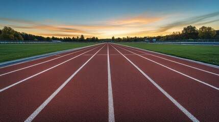 A running track's staggered start with a focus on the lane markings and rubber surface, outdoor setting with twilight sky, Dynamic style