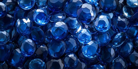 A close-up view of sparkling blue gemstones, showcasing their brilliant facets and deep hues against a dark background.