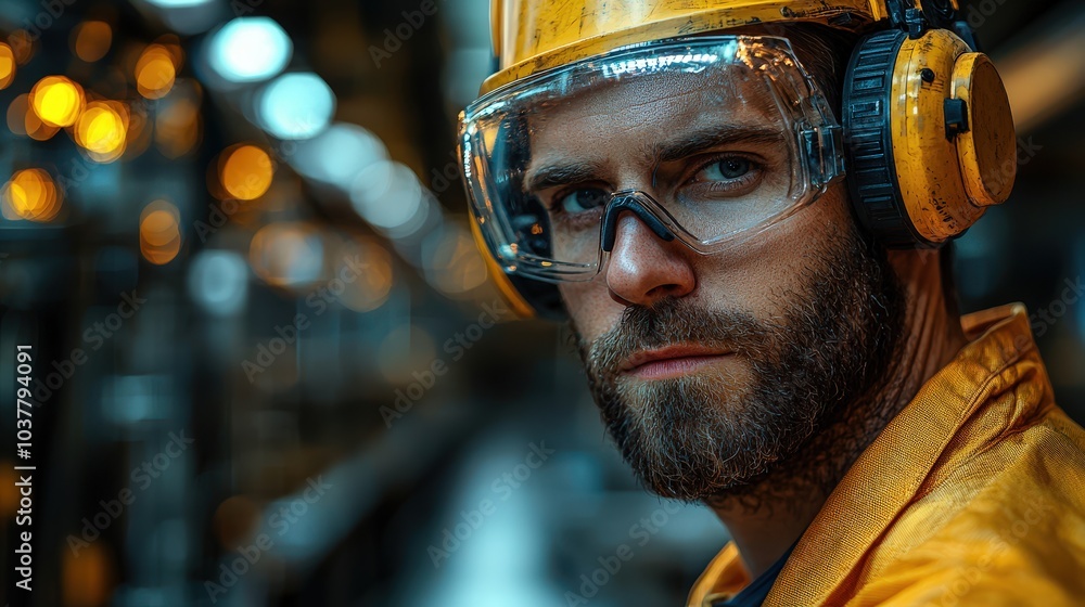 Wall mural a focused male worker in safety gear, capturing determination within an industrial setting.