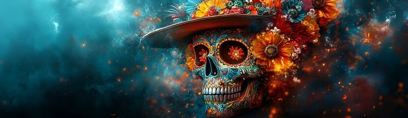 Skull Adorned with Flowers Inside a Stylish Hat.
