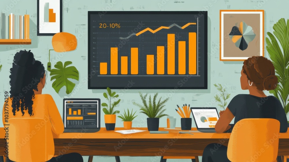 Poster office workspace with colleagues analyzing bar chart on computer screens