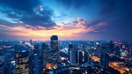 Fototapeta premium Business concept for information, communication , connection technology - panoramic modern city skyline bird eye aerial view under dramatic glow and beautiful dark blue sky.