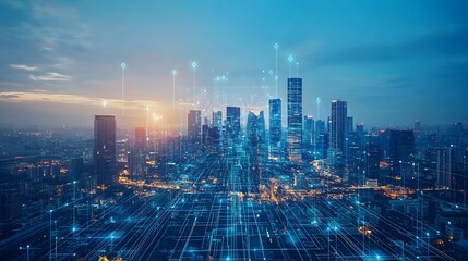 Fototapeta premium Business concept for information, communication , connection technology - panoramic modern city skyline bird eye aerial view under dramatic glow and beautiful dark blue sky.