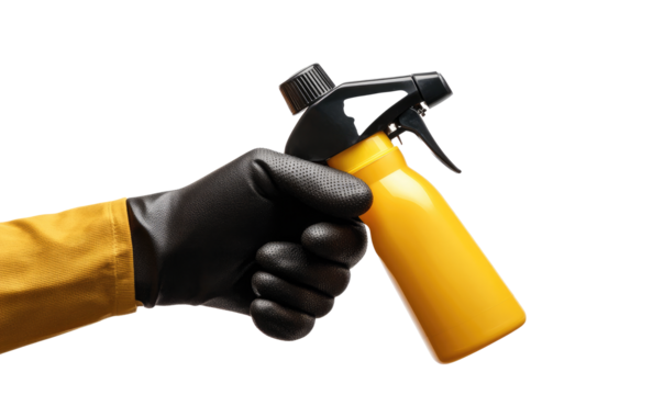 Hand in glove holding spray bottle on transparent background