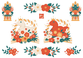 巳年年賀状アイコンセット、レトロカラー、日の丸扇子、かわいい、蛇、イラスト、しめ飾り