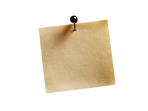 A textured beige sticky note pinned with a black thumbtack on a transparent background