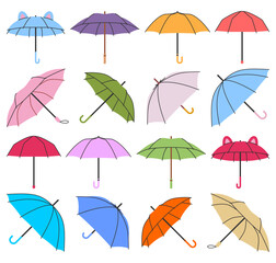 Set of simple colorful umbrella in handdrawn style, different umbrella vector illustration set on a white background