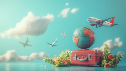 Obraz premium A suitcase is on a table with a globe and a plant