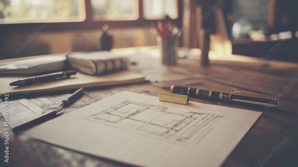 Poster workspace with architectural plans and drafting tools on a table.