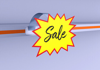 Wobbler for promoting product promotions. Splash format in yellow and red color with the word SALE written on it. Point of sale shelf. 3D rendering illustration