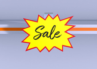 Wobbler for promoting product promotions. Splash format in yellow and red color with the word SALE written on it. Point of sale shelf. 3D rendering illustration