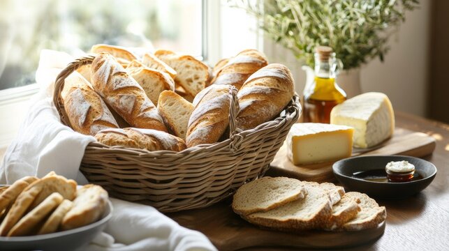 A rustic bread basket overflowing with freshly baked bread rolls, Baguette slices, and artisanal crackers