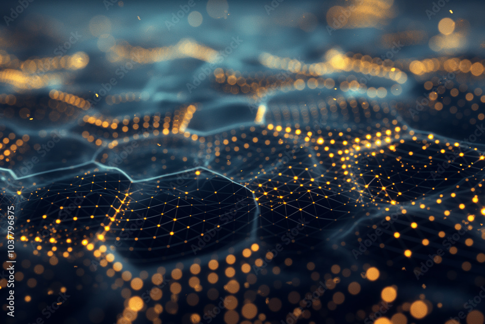 Poster tech background wallpaper 3d holographic hexagonal patterns with pulsing light trails, set against a