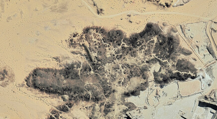The landscape of the sandy desert in Qatar from a bird's eye view