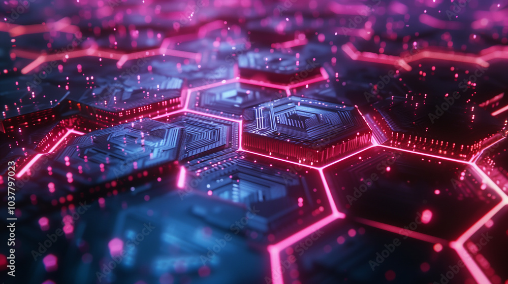 Poster tech background wallpaper 3d holographic hexagonal patterns with pulsing light trails, set against a