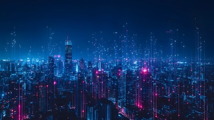 Naklejka premium Business concept for information, communication , connection technology - panoramic modern city skyline bird eye aerial view under dramatic glow and beautiful dark blue sky.