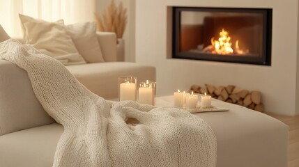 Fototapeta premium Beige sofa with plaid and fur cushion against of fireplace. Hygge, scandinavian interior design of modern living room