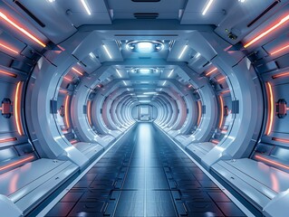 Futuristic corridor with glowing lights in a sci-fi environment. Generative AI