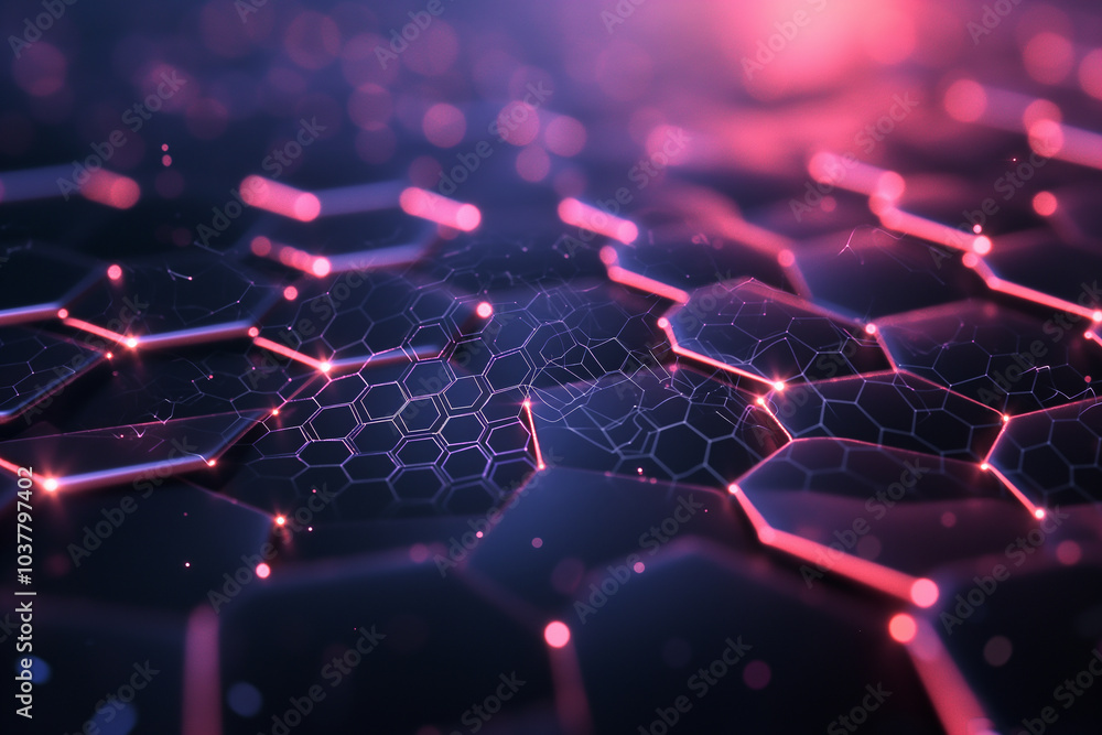 Poster tech background wallpaper 3d holographic hexagonal patterns with pulsing light trails, set against a