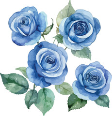 a watercolor painting of blue roses with leaves.