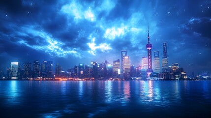 Obraz premium Business concept for information, communication , connection technology - panoramic modern city skyline bird eye aerial view under dramatic glow and beautiful dark blue sky.