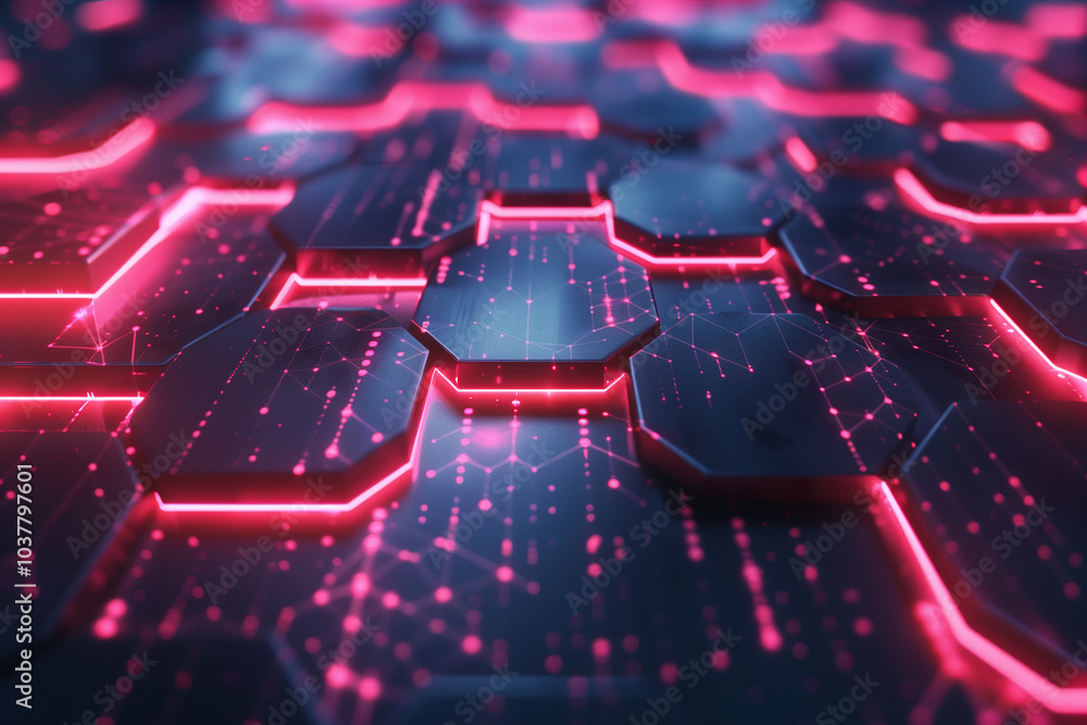 Poster tech background wallpaper 3d holographic hexagonal patterns with pulsing light trails, set against a