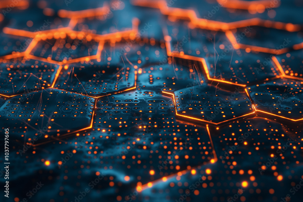 Poster tech background wallpaper 3d holographic hexagonal patterns with pulsing light trails, set against a