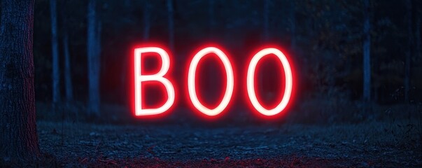 Neon sign spelling 'BOO' illuminated in the dark, creating a spooky Halloween atmosphere.