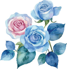 a watercolor painting of blue roses with leaves.