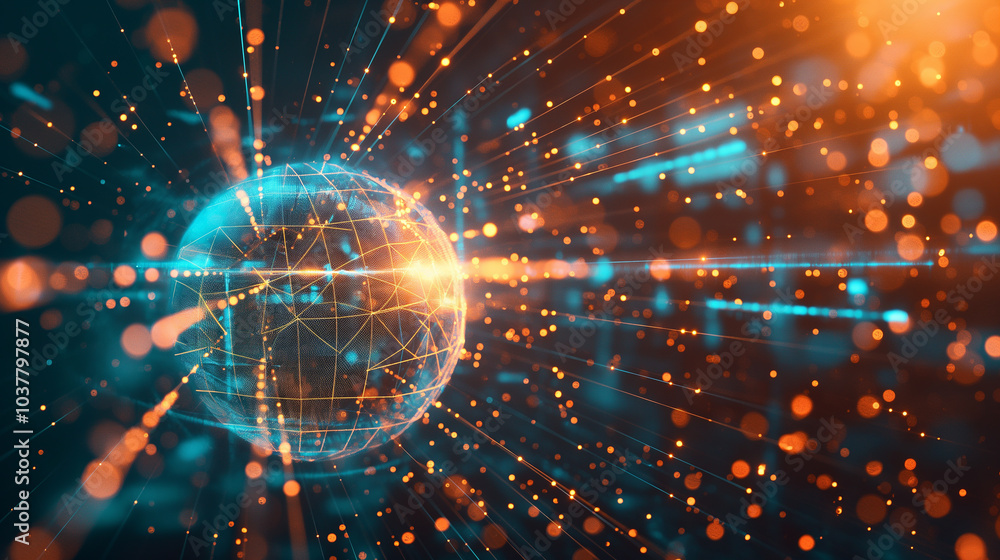 Poster tech background wallpaper Digital sphere made of intersecting light beams, surrounded by floating geometric shapes and glowing data streams.