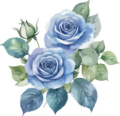 a watercolor painting of blue roses with leaves.