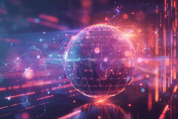 Obraz premium tech background wallpaper Digital sphere made of intersecting light beams, surrounded by floating geometric shapes and glowing data streams.