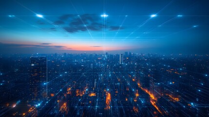Fototapeta premium Business concept for information, communication , connection technology - panoramic modern city skyline bird eye aerial view under dramatic glow and beautiful dark blue sky.