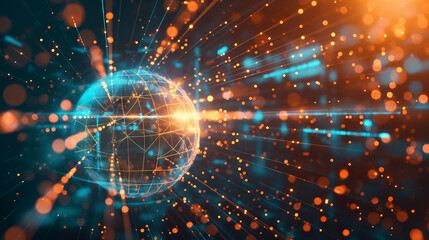Obraz premium tech background wallpaper Digital sphere made of intersecting light beams, surrounded by floating geometric shapes and glowing data streams.