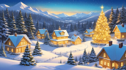 Fototapeta premium Enchanting Holiday Scene with Christmas Tree and Snow-Covered Homes