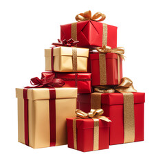 Obraz premium Stack of beautifully wrapped gift boxes with vibrant red and gold ribbons, creating an elegant holiday theme for special occasions.