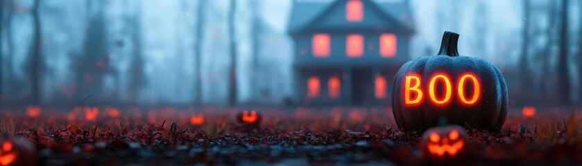 Spooky Halloween scene with glowing pumpkins in foggy forest and haunted house in the background.