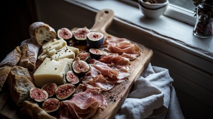 A rustic cheese and charcuterie board adorned with prosciutto, brie, and figs