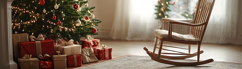 Christmas Tree, Presents, and Rocking Chair in a Cozy Room