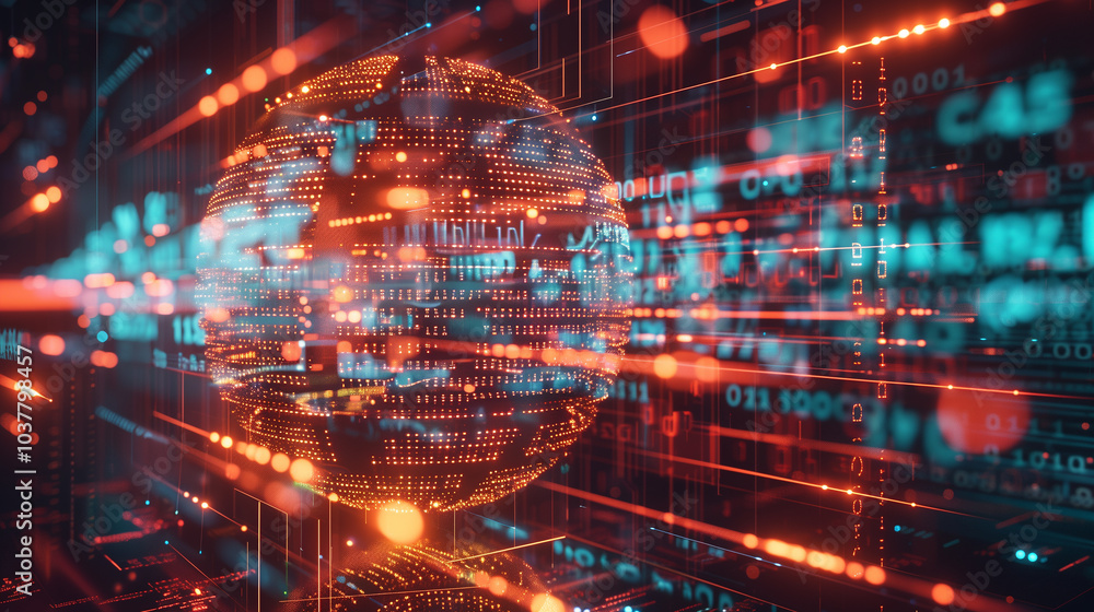 Poster tech background wallpaper digital sphere made of intersecting light beams, surrounded by floating ge