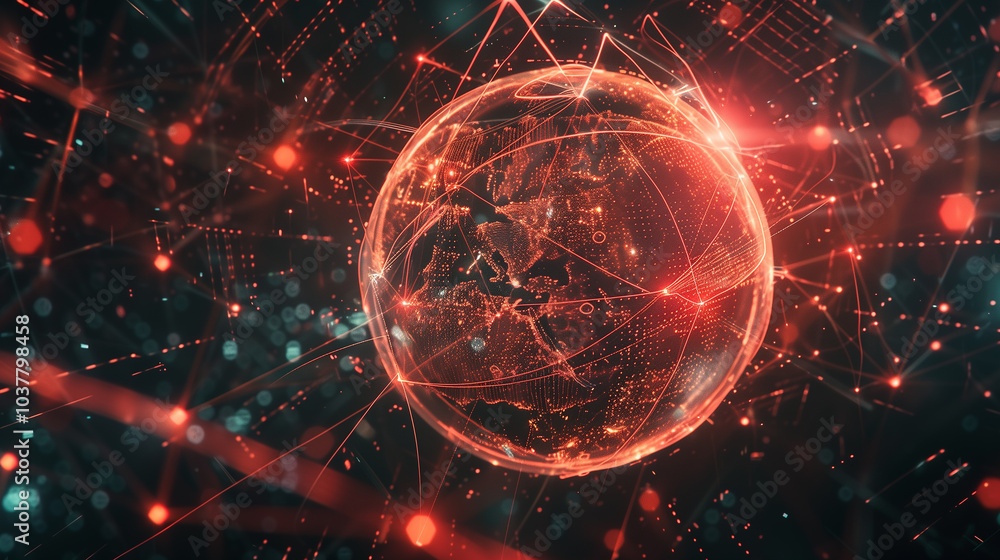 Poster tech background wallpaper digital sphere made of intersecting light beams, surrounded by floating ge