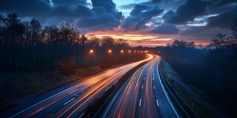 Twilight highway view with light trails and sunset sky in rural landscape. Generative AI