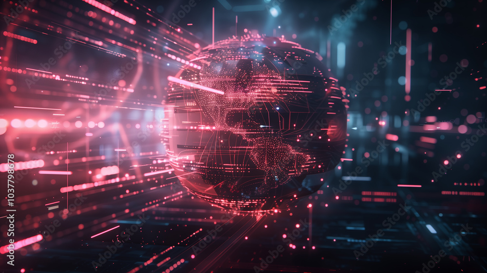 Poster tech background wallpaper digital sphere made of intersecting light beams, surrounded by floating ge